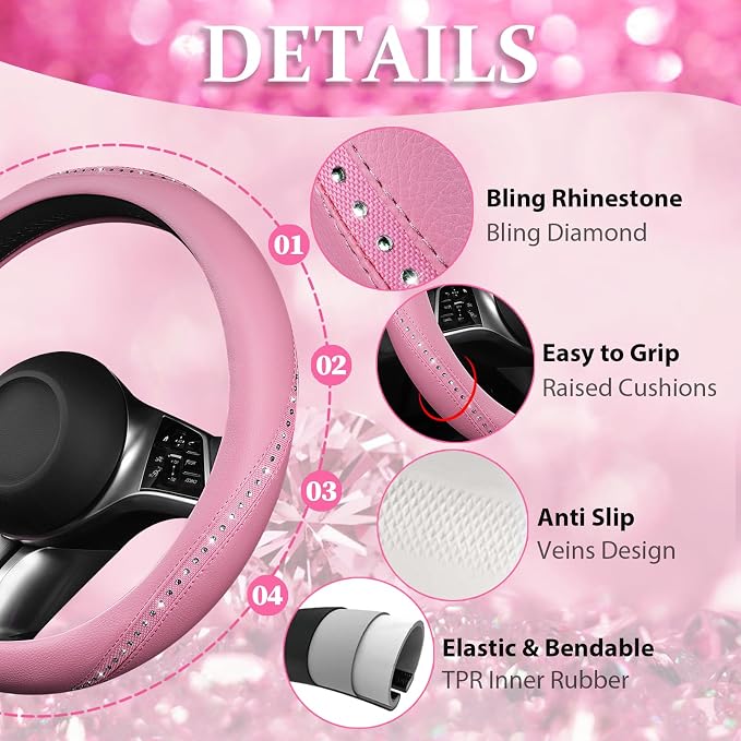 Bling Diamond Pink Leather Steering Wheel Cover, Studded Shining Rhinestones Universal Fit 14" 1/2-15" Glitter Sparkly Crystal Fit for Women Girl SUV,Vans,Sedans,Car,Trucks, Pink Diamond