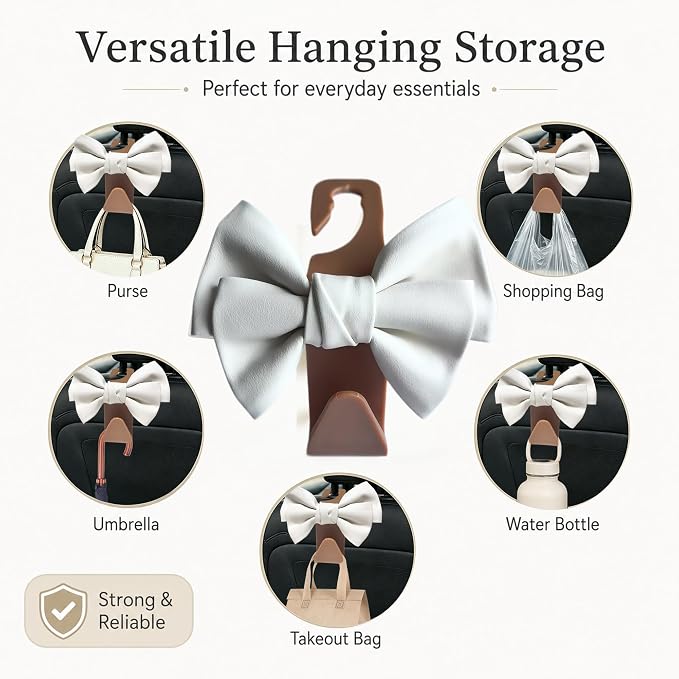 2 Pack Car Purse Hooks, Cute Bow Car Seat Headrest Hook Hanger for Purses and Bags, Space-Saving Car Accessory (White brown)