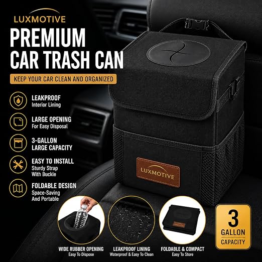 Car Trash Can Premium 3-Gallon Waterproof with Lid, Foldable Leakproof Auto Garbage Bin Organizer with Adjustable Strap, Reflective Interior & Mesh Storage Pockets (Black)