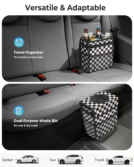 Corduroy Car Trash Can with Lid and Mesh Pockets - Leakproof Organizer,Multipurpose Waterproof Garbage Can/Trash Bin for Car(Black and White Check-3 Gallons)