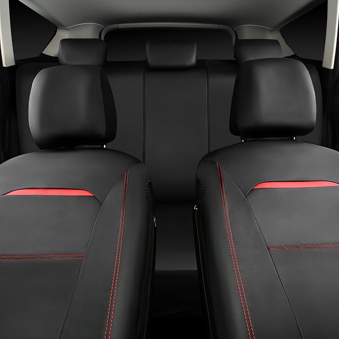 Leather Car Seat Cover Full Set with Steering Wheel Cover and 2PCS Seat Belt Shoulder Pads,for Trucks and SUV with Built-in Seatbelts and Front Seat Side Armrests(Combo Set, Black and Red)