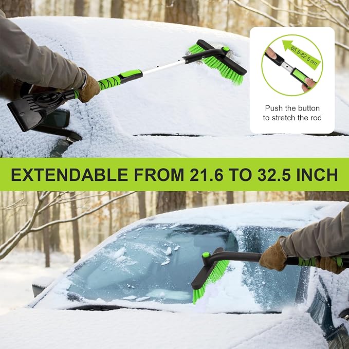 Snow Brush with Ice Scraper 33 inch, 2 in 1 Extendable Snow Removal for Cars with Foam Grip and 360° Pivoting Brush Head, Heavy Duty Snow Cleaner for Auto Truck SUV