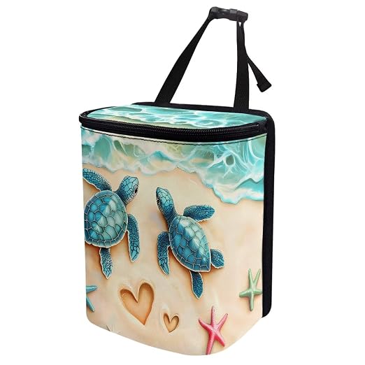 Turtle Starfish Heart Beach Print Car Trash Can with Lid, Leak Proof Auto Trash Bag Hanging Vehicle Garbage Can Multipurpose Storage Container for Back Seat Road Trip