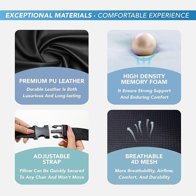 Lumbar Support Pillow for Car, Car Seat Back Support for Driving | Memory Foam Car Lumbar Support for Driving Seat, Car Back Cushion, Adjustable Straps, Lower Back Pillow, PU Leather, Black