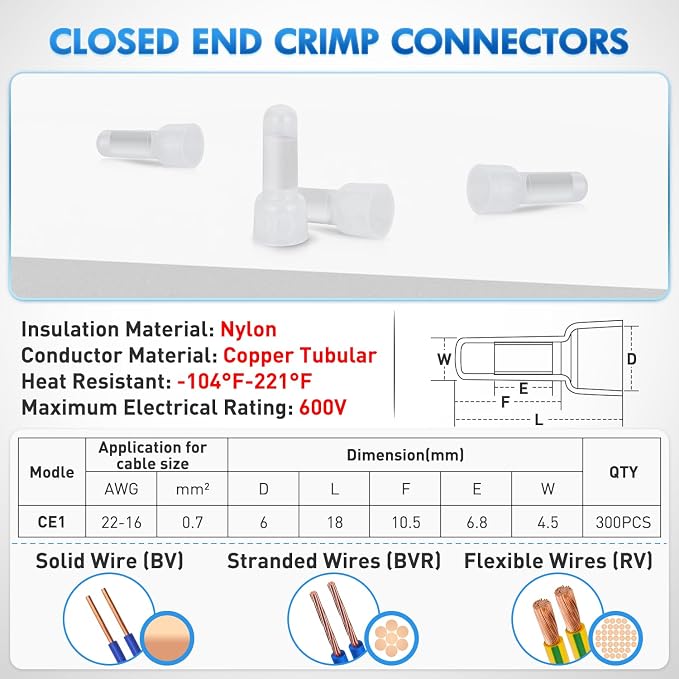 300PCS CE1 Closed End Crimp Terminal 22-16 Gauge Nylon Insulated Closed End Wire Cap Wire Connectors Crimp Cap Terminals Connectors for Automotive Car Truck Boats Marine Electrical Wiring