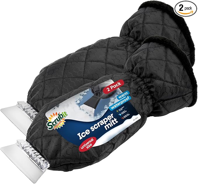 Ice Scraper with Glove [2 Pack] - Car Windshield Scraper for Ice and Snow w/Fleece Mitt - Quickly Scrape and Remove Snow While Staying Warm - Waterproof - Car Scraper Snow Brush (Black)