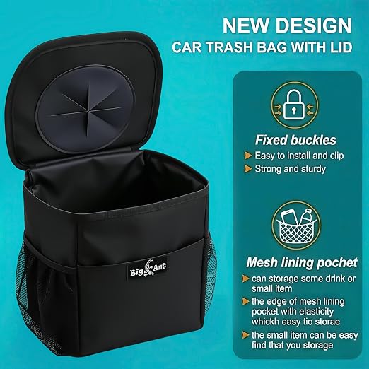 Car Trash Can with Odor-Trapping Lid & 100% Leakproof Liner, Multipurpose Hanging Organizer for SUV & Truck, Keep Vehicles Clean on Family Road Trips
