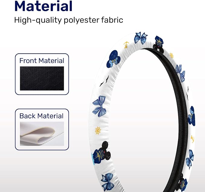 Blue Bow Mouse Silhouette Steering Wheel Cover, Non-Slip Polyester Wheel Grip, Universal 15 Inch Car Accessory