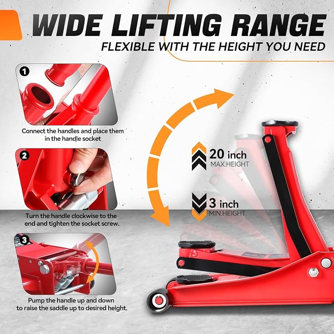 3 Ton Low Profile Floor Jack, Heavy Duty Steel Hydraulic Car Jack with Dual Pistons Quick Lift Pump, Hydraulic Racing Floor Jack, Lifting Range 3" to 20", Red