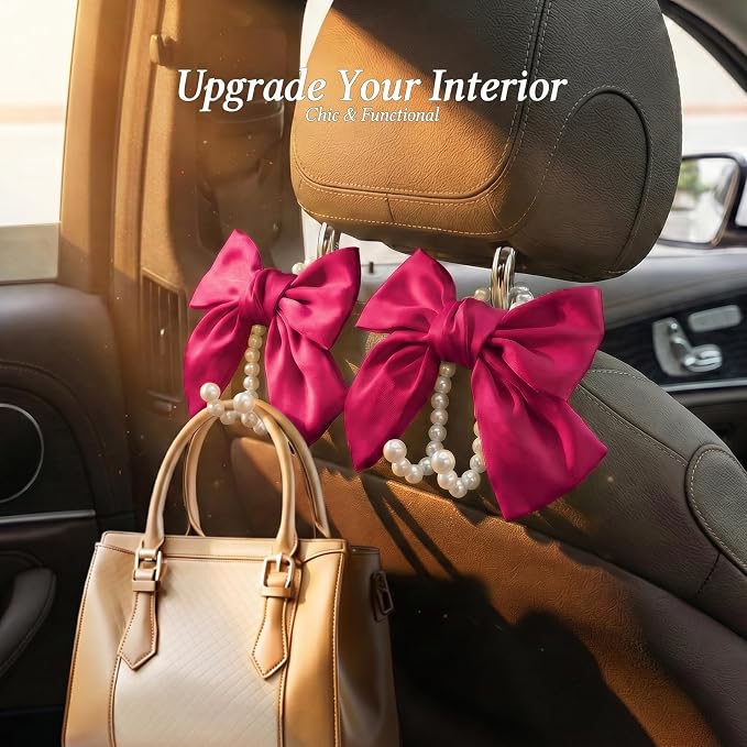 2PCS Satin Bow Pearl Car Seat Headrest Hooks – Car Bag Holder & Vehicle Hanger for Purses – Cute Coquette Aesthetic Interior Decoration – Cute Auto Organizer Accessories Universal (Berry Fuchsia)