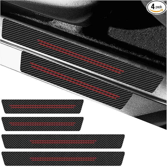 Car Door Sill Protector, Anti-Scratch Automotive Doors Threshold Strip Sticker, Waterproof Auto Door Entry Edge Guard, Carbon Fiber Decoration Trim Cover for Car, SUV, Truck (Red-4PCS)