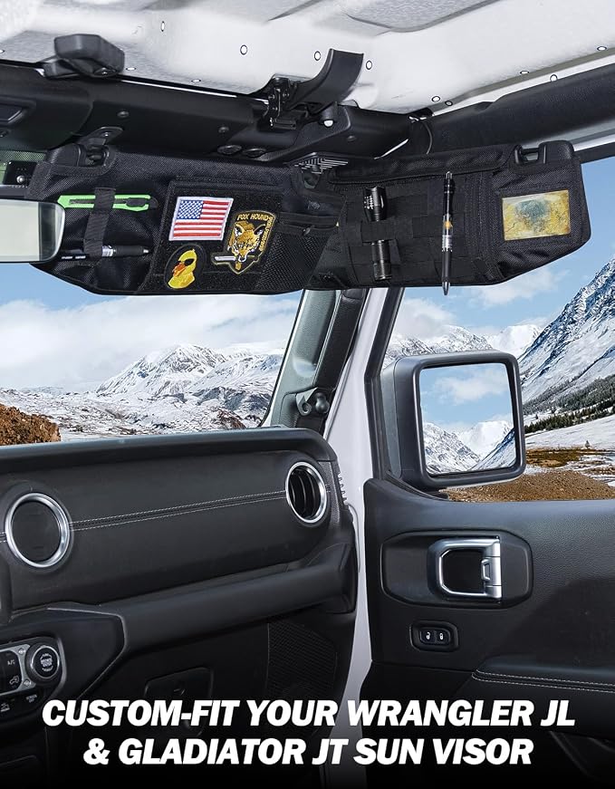 Sun Visor Organizer Compatible with 2018-2026 Wrangler JL & Gladiator JT Passenger's Side, Front Tactical Visor Storage Cover Molle Webbing Visor Storage Holder Pouch, Multi-Pocket Net Zipper