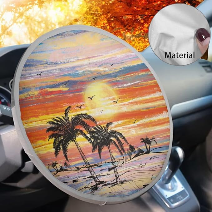 Universal Car Steering Wheel Sun Shade Cover, Heat-Resist Aluminum Foil Palm Tree Steering Wheel Cover for Most of Car SUV Truck Van
