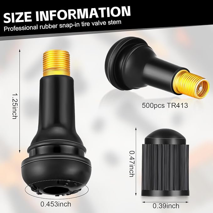 500 Pieces TR413 Valve Stems Tubeless Bulk Rubber Snap-in Valve Stems for 0.453 Inch Rim Holes, Black Standard Length Replacement Tool for Car Tubeless Replacement