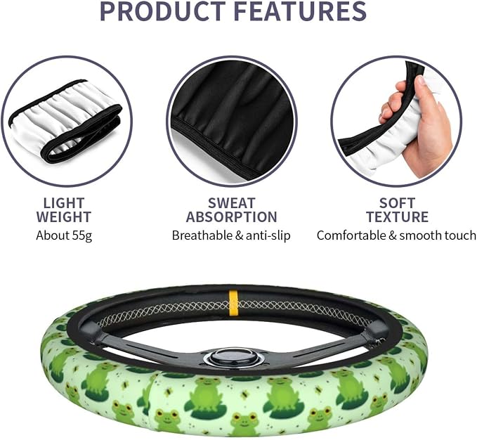 Frog Steering Wheel Cover Anti-Slip and Practical 14.5-15 Inch Universal Car Steering Wheel Cover with 2 Pieces Car Coasters Suitable for Men Women