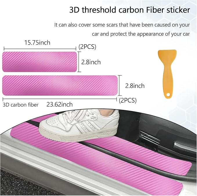 4 PCS Car Door Sill Protector, 3D Carbon Fiber Auto Door Entry Edge Guard Protection Trim, Anti-Scratch Threshold Cover Strips, Sill Protection Sticker for Car SUV Truck (Pink)