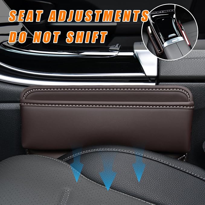 Car Seat Gap Organizer, Premium Leather Auto Seat Storage Box, Vehicle Adjustable Front Seat Gap Filler, Car Seat Side Pocket Organizer for Phones, Glasses, Keys, Money, Cards (Coffee)