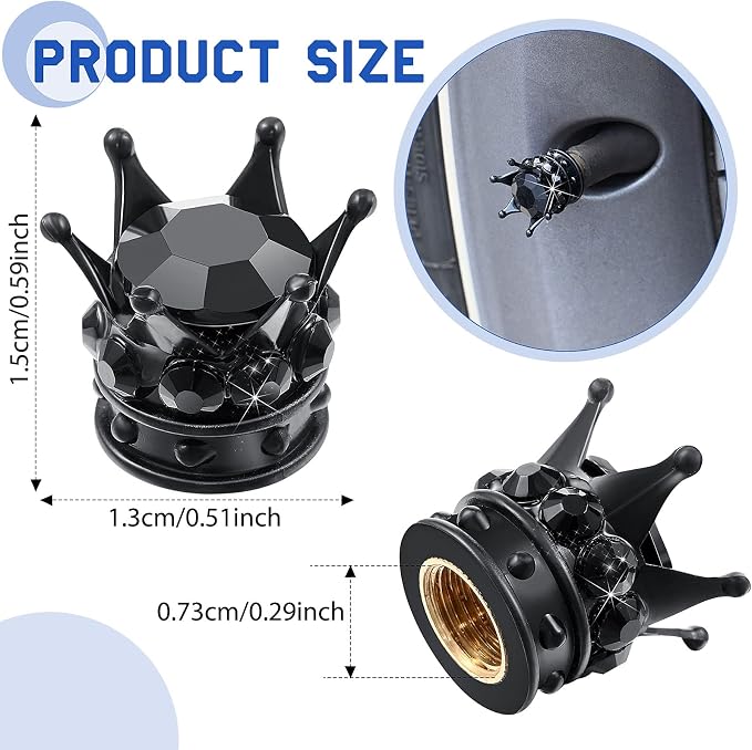 4 Pieces Crown Tire Valve Stem Caps Bling Handmade Crystal Rhinestone Universal Chrome Crown Vehicle Car Tire Caps Covers, Attractive Accessories for Car (Black)