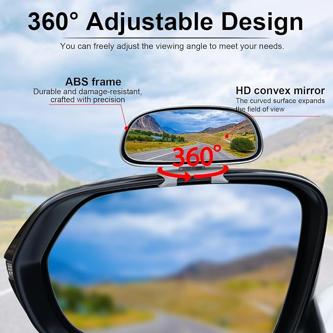 Clip on Blind Spot Mirror, HD Glass Frameless Convex Rear View Mirrors Exterior Accessories with Wide Angle Adjustable Stick for Car SUV and Trucks, Silver