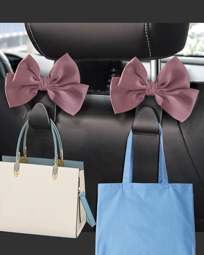 2 Pack Car Purse Holder for Handbags and Bags, Headrest Back Seat Hooks for Cars, Car Bag Hanger for Groceries, Coats, Umbrellas and Daily Essentials, Bow-Shaped Car Interior Organizer (Leather pink)