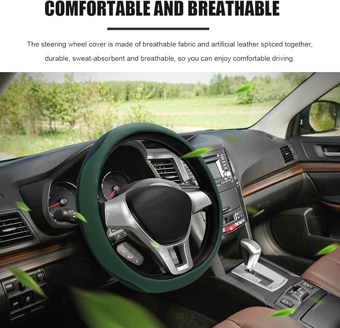 Car Steering Wheel Cover, Leather Breathable Ice Silk Auto Wheel Wrap with Anti-Slip Lining, Scratch-Resistant Elastic Protector Fit for 14.5-15 Inch Steering Wheels (Green)