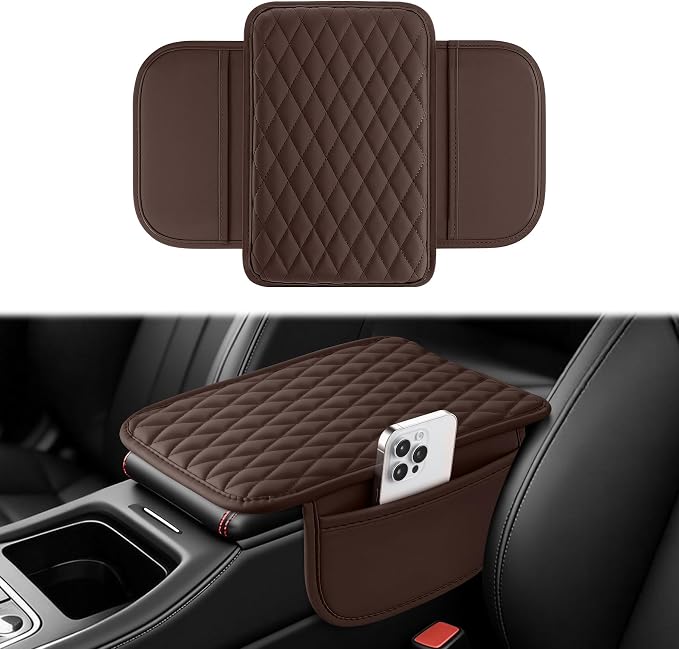 Car Center Console, Upgraded Leather Car Armrest Cushion with 2 Storage Pockets, Universal Waterproof Cushion Pad, Non-Slip Car Interior Accessories, Fits Most Sedans SUVs Trucks (Brown)