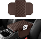 Car Center Console, Upgraded Leather Car Armrest Cushion with 2 Storage Pockets, Universal Waterproof Cushion Pad, Non-Slip Car Interior Accessories, Fits Most Sedans SUVs Trucks (Brown)