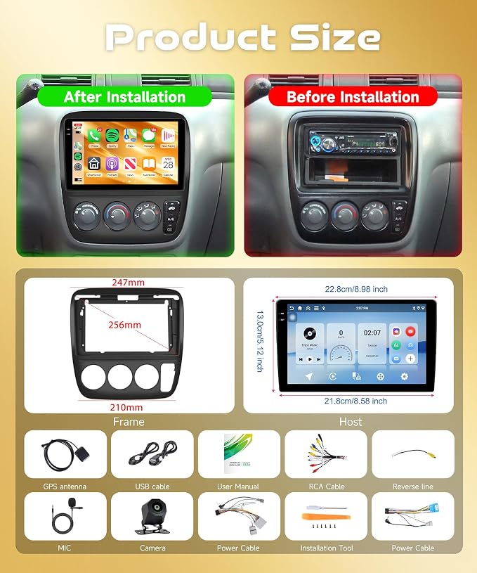 4G+128G Android Car Stereo for Honda CRV 1997-2001 with Wireless CarPlay Android Auto, 9 Inch Touchscreen Car Radio Mirror Link GPS Navigation WiFi Bluetooth FM RDS EQ SWC Backup Camera