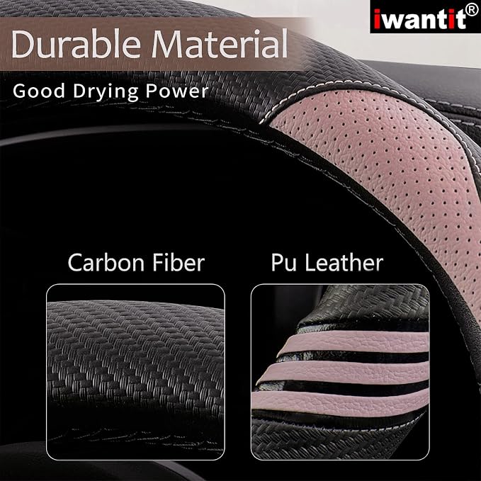 Steering Wheel Covers with Carbon Fiber, Universal Fit 14.5-15 inches for Cars,SUV (Romantic Pink)