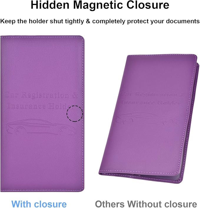 Car Registration and Insurance Card Holder, Vehicle Glove Box Car Organizer Women Car Accessories with Magnetic Shut for Cards, Essential Document, Driver License, Purple