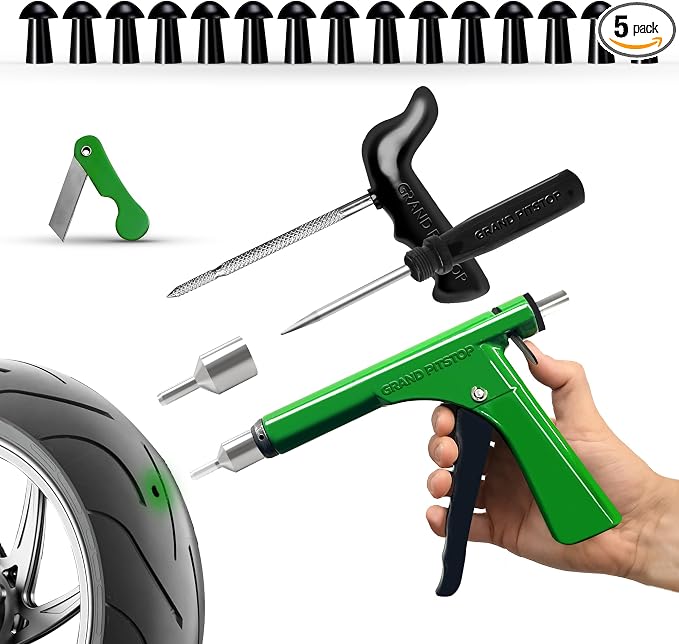 Tubeless Tire Gun Puncture Repair Kit with Mushroom Plug for Tyre Punctures and Flats on Cars, Motorcycles, ATV, Trucks & Tractors (Gun Puncture kit 15 Plugs, Green)