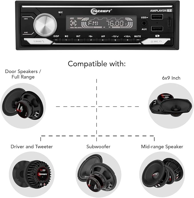 Amplayer G2 Bluetooth Car Stereo Single DIN Media Receiver with Built-in 400W RMS Amplifier, 4 Channels, USB, SD, FM Radio, Hands-Free Calling, Audio Processor & RGB LED Control
