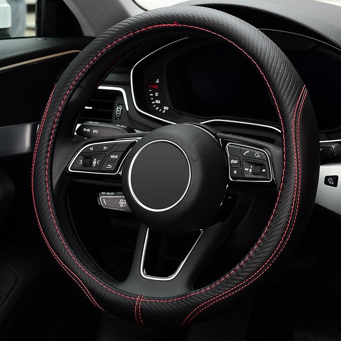 Microfiber Leather Auto Car Steering Wheel Cover, Universal Fit 15 Inch Anti-Slip Wheel Protector, Black