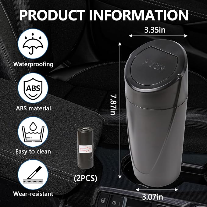 Mini Car Trash Can with Lid, Portable Garbage Can for Car, Leakproof Cup Holder Automotive Garbage Bin with 2 Rolls of Trash Bags, Small Trash Storage Can for Car Home Office(Black)