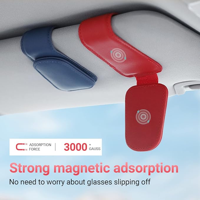 Sunglass Holder for Car Visor Sunglasses Clip Magnetic Leather Glasses Eyeglass Holder Truck Car Interior Accessories Universal for Woman Man -Red