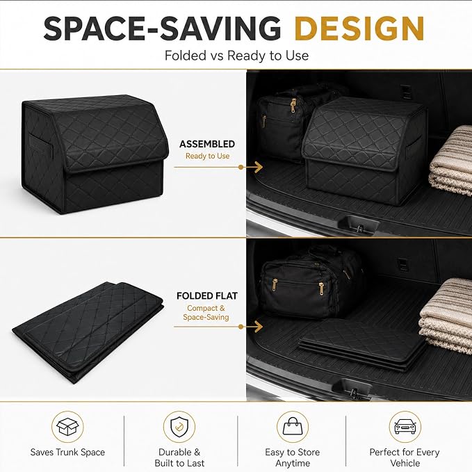 2Pack Leather Trunk Organizer for SUV & Sedans - Extra Large Foldable Car Storage Box with Lid, Adjustable Removable Dividers and Carry Handle, Collapsible Auto Cargo Organizer Black