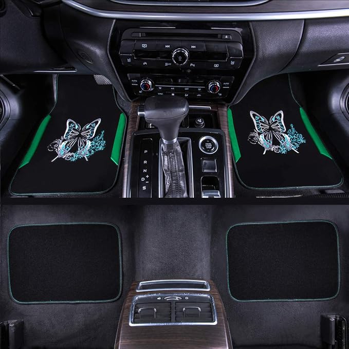 Embroidery Butterfly Car Floor Mats, Green Carpet Floor mats with Heel Pad, Universal Fit for Suvs,Sedans,Trucks,Cars, Set of 4 (Black and Green)