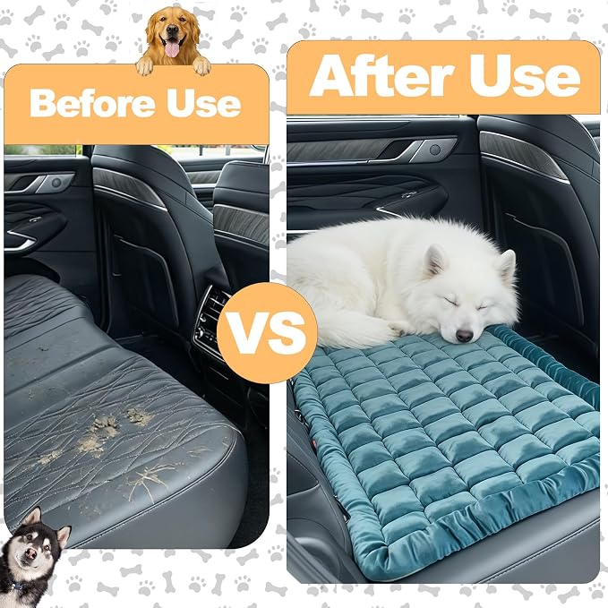 Dog Car Seat Cover for Back Seat, Blue Flannel Pet Bed Mat, Non-Slip Waterproof Bottom, Washable Dog Bed & Seat Protector for Cars SUVs Trucks, Fits Backseat Extenders, 59.1 x 23 Inches