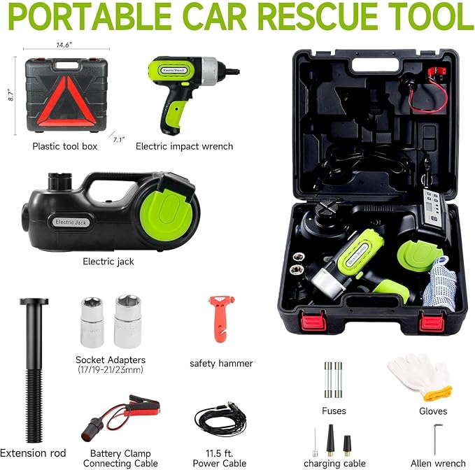 Electric Car Jack Kit 5 ton 12V Hydraulic Car Jack Lift (Lifting Range: 5.3-14.17inches) with Impact Wrench Inflator Pump for Car SUV Sedan MPV, LCD Display and Tire Pressure Monitor