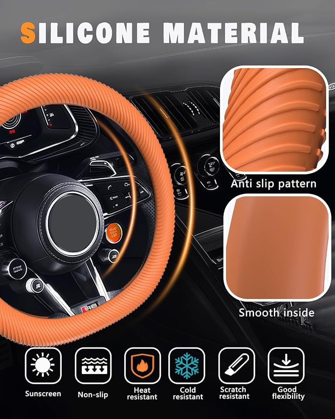 Car Steering Wheel Cover, Thin Anti-Skid Silicone Steering Wheel Cover for Men & Women, Universal Automotive Interior Accessories for Most Cars (Dark Orange)