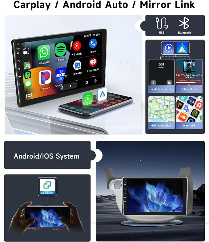[8 CORE 6G+128G] Car Radio for Honda Fit 2008-2013 with Wireless Carplay/Android Auto,10.1" Android 15 IPS Touch Screen Car Stereo,Bluetooth,GPS,5G WiFi,SWC,DSP +Backup Camera