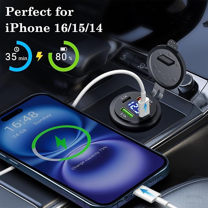 66W 12V USB Outlet, 4 Port Dual PD & Dual Quick Charge 3.0 Car Charger with Voltmeter for Car Boat Marine RV