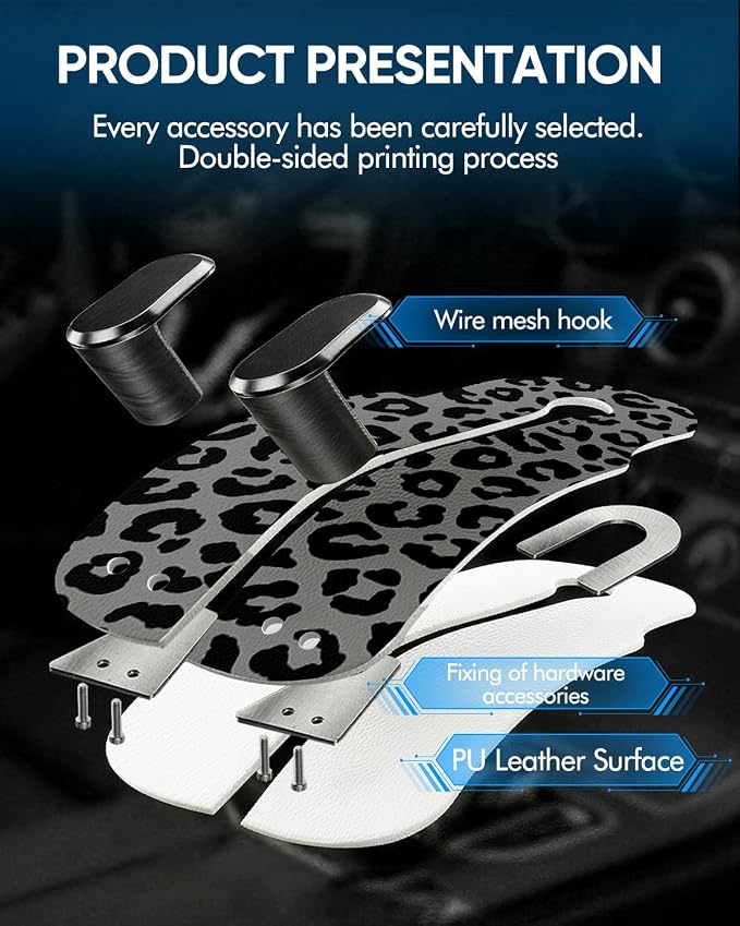 Purse Holder for Car, 2 Pack Heavy Duty Purse Hanger for Car, PU Leather Car Seat Hooks for Purses and Bags, Cute Leopard Print Headrest Organizer for Handbags & Backpacks