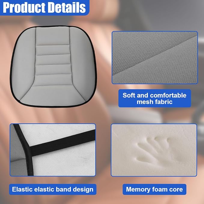 Car Seat Cushion Pad, Memory Foam Automotive Butt Cushion with Non-Slip Silicone Bottom, Breathable Driver Seat Protector for Vehicle, Home and Office Chairs (Grey)