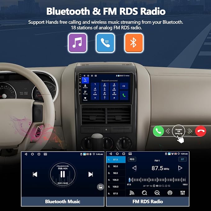 4G+64G Car Radio for Ford Explorer 2006-2010, Android 15 Car Stereo with Wireless CarPlay Android Auto 10" Touch Screen Radio with Bluetooth 5.0 GPS WiFi 32 EQ FM/RDS Backup Camera