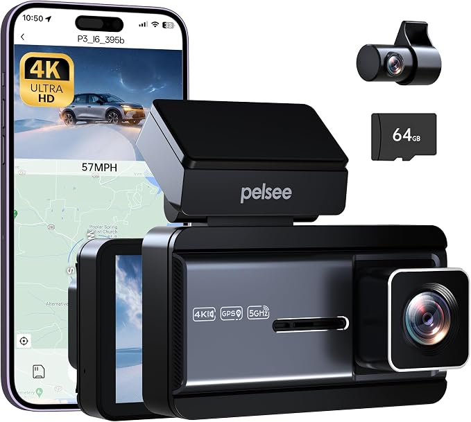 4K Dash Cam Front and Rear, 64GB SD Card, Dual Dash Camera for Cars with Wi-Fi, GPS, ADAS, BSD, LCA, 3’’ IPS Display Car Camera, APP & Voice Control, Night Vision, 24H Parking Mode