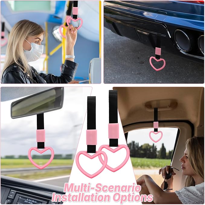 2 Pcs Heart Shaped Car Handle Strap – Drift Charm Rear Bumper Warning Ring Decor for Car Interior Exterior, Subway Bus Handle Accessory, Cute Heart Car Decor Gift for Women & Men (Pink)