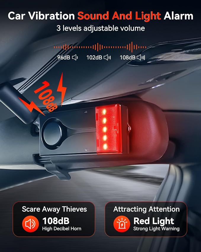 Car Anti-Theft Vibration Alarm, 108dB Automobile Vibration Sound & Light Alert, Wireless Remote Car Alert Automotive Warning Interior Safety Light