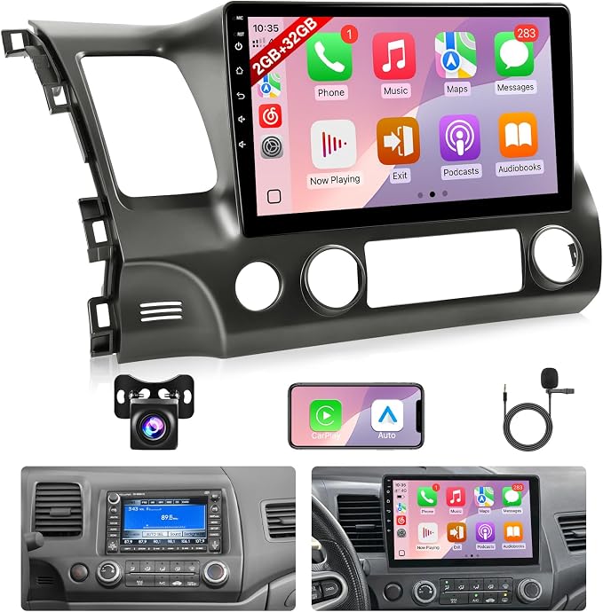 2+32GB Upgrade Android Radio for Honda Civic 2006-2011 with Carplay Android Auto, 10.1" Touchscreen Head Unit for Honda Civic with in-Dash GPS, BT, WiFi, SWC, FM + Camera- Fit Large Screen