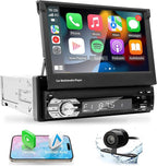 Single Din Carplay Android-Auto-Car-Radio 7-inch Flip Out Touchscreen | Type-C&USB Bluetooth Backup Camera FM/RDS MP5 Player 【Manual screen】